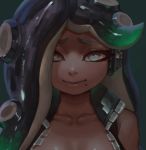  1girl cephalopod_eyes closed_mouth dark_skin green_background headphones iida_(splatoon) looking_at_viewer mole mole_under_eye smile solo splatoon_(series) splatoon_2 tentacle_hair upper_body zakusi 