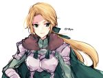  1girl armor blonde_hair cape closed_mouth fire_emblem fire_emblem:_three_houses green_cape green_eyes ingrid_brandl_galatea long_hair naho_(pi988y) simple_background solo twitter_username upper_body white_background 