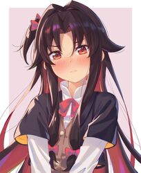  &gt;:( 1girl bangs black_capelet black_hair blush border bow brown_vest capelet closed_mouth eyebrows_visible_through_hair hair_bow hair_intakes highres hofumaso long_hair long_sleeves multicolored_hair neck_ribbon one_side_up parted_bangs purple_background red_bow red_eyes red_neckwear red_ribbon redhead ribbon ryuuou_no_oshigoto! shirt simple_background solo two-tone_hair upper_body v-shaped_eyebrows very_long_hair vest white_border white_shirt yashajin_ai 