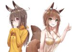  2girls :d ahoge animal_ear_fluff animal_ears bangs bikini bikini_under_clothes blush brown_hair closed_mouth collarbone commentary_request drawstring eyebrows_visible_through_hair frills grin hair_ornament hairclip hands_on_own_chest heart heart-shaped_pupils highres long_hair long_sleeves looking_at_viewer multiple_girls open_mouth original see-through sidelocks simple_background sleeves_past_fingers sleeves_past_wrists smile swimsuit symbol-shaped_pupils tail teeth thumbs_up two_side_up upper_body v-shaped_eyebrows violet_eyes wet.elephant white_background yellow_bikini yellow_eyes yellow_hoodie 