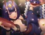  1girl :p alcohol bob_cut breasts collarbone commentary_request cup eyebrows_visible_through_hair fangs fate/grand_order fate_(series) food fruit grapes horns izuna_(i1z2n70) looking_at_viewer lying on_side oni oni_horns purple_hair sakazuki sake short_hair shuten_douji_(fate/grand_order) small_breasts solo tongue tongue_out violet_eyes 