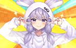  &gt;:) 1girl animal_ears animal_hood bangs blush bunny_hood closed_mouth double_v emotional_engine_-_full_drive eyebrows_visible_through_hair fake_animal_ears hair_between_eyes hands_up hood hood_up hoodie long_hair long_sleeves looking_at_viewer low_twintails nail_polish purple_hair purple_nails rabbit_ears sleeves_past_wrists smile solo sparkle tenneko_yuuri twintails v v-shaped_eyebrows v_over_eye violet_eyes voiceroid white_hoodie yuzuki_yukari 