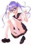  1girl :d absurdres bespectacled black-framed_eyewear black_footwear black_skirt collarbone commentary_request full_body glasses h-appa highres kneehighs lavender_hair loafers long_hair neckerchief new_game! open_mouth pleated_skirt school_uniform semi-rimless_eyewear serafuku shirt shoe_dangle shoes short_sleeves skirt smile solo suzukaze_aoba twintails under-rim_eyewear v violet_eyes white_background white_legwear white_shirt 