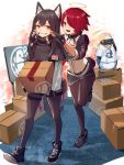  2girls :d animal animal_ears arknights bird black_capelet black_footwear black_hair black_legwear black_shorts black_skirt box brown_eyes capelet cardboard_box cheek_pull clenched_teeth commentary exusiai_(arknights) full_body hair_over_one_eye halo high_collar highres holding holding_box id_card jacket long_hair long_sleeves looking_at_another looking_at_viewer microskirt multiple_girls nima_(niru54) open_mouth penguin pouch raglan_sleeves red_eyes redhead shadow shirt shoes short_hair short_shorts short_sleeves shorts skirt smile sneakers standing standing_on_one_leg t-shirt teeth texas_(arknights) the_emperor_(arknights) thigh_strap white_jacket white_shirt wolf_ears 