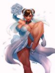  bouquet brown_hair chun-li cleavage double_bun earrings gloves heels leg_garter long_gloves necklace panties posing robert_porter shoes simple_background smile street_fighter thighs wedding_dress white_dress white_footwear 