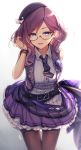 1girl adjusting_hair arm_behind_back badge bangs bare_shoulders belt beret black_headwear bracelet breasts buttons collared_shirt earrings eyebrows_visible_through_hair glasses hair_between_eyes hat highres idolmaster idolmaster_cinderella_girls idolmaster_cinderella_girls_starlight_stage jewelry juugonichi_(wheeliex2) layered_skirt leaning_forward legs_together long_hair looking_at_viewer medium_breasts multiple_belts necktie open_clothes open_mouth open_vest pantyhose parted_bangs purple_belt purple_hair purple_neckwear purple_skirt purple_vest ribbed_shirt sheer_legwear shirt signature silver-framed_eyewear skirt skirt_set sleeveless sleeveless_shirt solo standing vest violet_eyes white_background white_shirt yagami_makino 