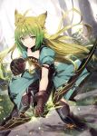  1girl animal_ear_fluff animal_ears atalanta_(fate) backlighting bangs black_legwear bow_(weapon) braid brown_gloves brown_hair cat_ears closed_mouth commentary_request day dress eyebrows_visible_through_hair fate/apocrypha fate_(series) gabiran gloves gradient_hair green_dress green_eyes green_hair holding holding_bow_(weapon) holding_weapon long_hair looking_at_viewer multicolored_hair outdoors puffy_short_sleeves puffy_sleeves short_sleeves solo sunlight thigh-highs tree v-shaped_eyebrows very_long_hair weapon 