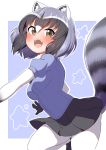  1girl :d animal_ears bangs black_footwear black_hair black_skirt blouse blue_blouse brown_eyes commentary common_raccoon_(kemono_friends) fur_collar gloves grey_hair highres kemono_friends leaning_forward leg_up looking_at_viewer miniskirt multicolored_hair ngetyan open_mouth outline pantyhose pleated_skirt raccoon_ears raccoon_tail shoes short_hair short_sleeves skirt smile solo standing standing_on_one_leg star starry_background tail white_gloves white_legwear white_outline 