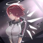  1girl arknights bangs blush breasts commentary exusiai_(arknights) halo highres jacket large_breasts light_particles profile raglan_sleeves red_eyes redhead short_hair short_sleeves solo team_moka upper_body white_jacket 