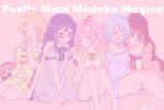  5girls :o ^_^ akemi_homura alternate_costume alternate_hairstyle arm_around_shoulder arm_support babydoll bare_legs bare_shoulders black_hairband black_ribbon blanket blonde_hair blue_hair blue_shirt blue_shorts blush braid breasts charlotte_(madoka_magica) closed_eyes closed_mouth collarbone collared_shirt copyright_name dot_nose eyebrows_visible_through_hair feet_out_of_frame finger_to_mouth flat_chest frills glasses hair_between_eyes hair_down hair_ribbon hairband hands_on_own_knees happy head_on_another&#039;s_shoulder high_ponytail highres jacket kaname_madoka knee_blush long_hair looking_at_another mahou_shoujo_madoka_magica medium_breasts miki_sayaka multiple_girls off-shoulder_shirt off_shoulder pajamas parted_lips paru_rari pink_background pink_hair pink_jacket pink_ribbon polka_dot polka_dot_background polka_dot_pajamas ponytail puffy_short_sleeves puffy_sleeves purple_hair purple_pajamas purple_ribbon red-framed_eyewear red_ribbon redhead ribbon sakura_kyouko seiza semi-rimless_eyewear shiny shiny_hair shirt short_hair short_sleeves short_twintails shorts shushing simple_background sitting sleeping sleeping_on_person smile tomoe_mami twintails twitter_username under_covers v_arms violet_eyes witch_(madoka_magica) 