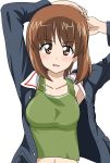  1girl arms_behind_head arms_up bangs blue_jacket breasts brown_eyes brown_hair commentary eyebrows_visible_through_hair girls_und_panzer green_shirt hands_on_own_head highres jacket light_blush long_sleeves looking_at_viewer medium_breasts military military_uniform navel nishizumi_miho ooarai_military_uniform open_clothes open_jacket open_mouth shirt short_hair simple_background smile solo tank_top uniform upper_body wakku_kan white_background 