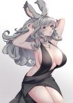  1girl animal_ears arms_up bare_arms bare_shoulders black_dress blush breasts closed_mouth commission dress facial_mark gradient gradient_background grey_background grey_eyes grey_hair hair_tie hair_tie_in_mouth halter_dress heart large_breasts long_hair looking_at_viewer mouth_hold neko-san_(dim.dream) original solo twitter_username tying_hair very_long_hair watermark white_background 