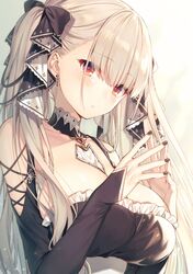  1girl azur_lane bangs black_bow black_dress black_nails bow breasts closed_mouth collarbone detached_collar dress earrings expressionless formidable_(azur_lane) frilled_dress frills hair_bow hands_up highres jewelry large_breasts long_hair long_sleeves looking_at_viewer nail_polish red_eyes shoulder_cutout silver_hair solo steepled_fingers toosaka_asagi twintails upper_body white_background 