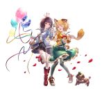  2girls animal_ears animal_on_head bag balloon bangs black_hair black_legwear blonde_hair blue_bow blush boots bow braid breasts buttons dog dog_ears dog_tail erune eyebrows_visible_through_hair flower full_body granblue_fantasy green_skirt hair_flower hair_ornament handbag highres long_sleeves looking_at_viewer mouse multiple_girls on_head one_eye_closed open_mouth pantyhose petals red_eyes red_footwear shirt short_hair simple_background skirt small_breasts smile tail thigh-highs vajra_(granblue_fantasy) vikala_(granblue_fantasy) white_background white_legwear white_shirt yu_pian zettai_ryouiki 