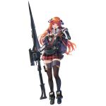  1girl :d ankle_boots arknights bagpipe_(arknights) bangs black_footwear black_gloves black_legwear boots eyebrows_visible_through_hair full_body gloves grey_jacket hand_up head_tilt highres horns jacket lance long_hair long_sleeves looking_at_viewer miniskirt official_art open_mouth orange_hair plaid plaid_skirt polearm pouch red_skirt skirt smile solo standing thigh-highs transparent_background u_jie very_long_hair violet_eyes weapon zettai_ryouiki 