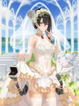  1girl agent_(girls_frontline) bare_shoulders black_hair blush bouquet breasts bridal_gauntlets bridal_veil church double_bun flower garter_straps girls_frontline hair_between_eyes head_wreath highres jewelry lace lace-trimmed_legwear looking_at_viewer mechanical_arm medium_breasts moran_(pixiv27824646) navel_cutout pew ring side_ponytail skirt skirt_lift smile solo thigh-highs veil wedding_ring yellow_eyes 