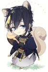  1boy absurdres animal_ears black_hair blue_eyes chibi coma_(macaron) hakama highres japanese_clothes kemonomimi_mode male_focus mikazuki_munechika sandals sayagata smile squirrel_ears squirrel_tail tabi tail tassel touken_ranbu 