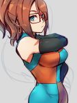  1girl alternate_hairstyle android_21 black-framed_eyewear blue_eyes breasts checkered checkered_dress closed_mouth detached_sleeves dragon_ball dragon_ball_fighterz dress earrings glasses grey_background hair_between_eyes hoop_earrings jewelry kemachiku large_breasts looking_at_viewer ponytail redhead simple_background solo 