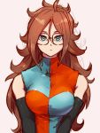 1girl android_21 black-framed_eyewear blue_eyes breasts detached_sleeves dragon_ball dragon_ball_fighterz glasses hair_between_eyes kemachiku large_breasts long_hair looking_at_viewer redhead solo 
