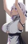  1girl :o anchor apron armpits arms_up azur_lane bangs black_hairband black_skirt blunt_bangs blurry breasts center_frills collar depth_of_field dido_(azur_lane) eyebrows_visible_through_hair frilled_shirt frills geso_smith hairband high-waist_skirt highres large_breasts open_mouth shirt short_hair silver_hair skirt sleeveless sleeveless_shirt solo under_boob underboob_cutout upper_body violet_eyes waist_apron white_apron white_shirt 