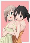  2girls bare_shoulders black_hair breasts camisole collarbone commentary_request green_eyes grey_hair groping hug kohshibasaki kuraue_hinata looking_at_viewer multiple_girls open_mouth pink_background short_hair sleeveless small_breasts spaghetti_strap strap_slip tongue tongue_out twintails violet_eyes yama_no_susume yukimura_aoi 