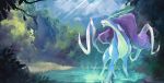  blue_sky clouds cloudy_sky commentary creature day english_commentary gen_2_pokemon looking_away looking_to_the_side no_humans outdoors pink_eyes pokemon pokemon_(creature) serious signature sky solo standing suicune sunlight tia_(iris-sempi) water 