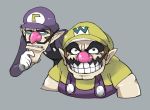  2boys absurdres big_nose black_eyes brown_hair chillarism chin_stroking cropped_torso gloves grey_background grin half-closed_eyes hand_up hat highres long_sleeves looking_to_the_side male_focus super_mario_bros. multiple_boys overalls parted_lips pointy_ears purple_headwear purple_shirt raised_eyebrow shirt short_hair short_sleeves simple_background smile teeth upper_body waluigi wario white_gloves yellow_headwear yellow_shirt 