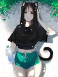  1girl animal_ears bangs black_hair black_shirt bottle breasts brick_wall cat_ears closed_mouth green_hair highres large_breasts long_hair navel original rizuto shirt short_shorts short_sleeves shorts tail thighs water_bottle 