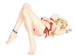  absurdres ass bare_legs barefoot bikini blonde_hair breasts criss-cross_halter fate/grand_order fate_(series) feet green_eyes halterneck highres nero_claudius_(fate)_(all) nero_claudius_(swimsuit_caster)_(fate) red_bikini side-tie_bikini striped striped_bikini swimsuit toes twintails uthspsk 