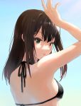 1girl arm_at_side arm_up bangs bare_arms bikini black_bikini black_hair blue_sky breasts day eyelashes from_behind green_eyes halterneck highres idolmaster idolmaster_cinderella_girls k_concord lips long_hair looking_at_viewer looking_back medium_breasts outdoors parted_lips shibuya_rin sky solo straight_hair swimsuit upper_body 