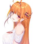  1girl ahoge alternate_costume bangs blonde_hair blunt_bangs blush bow breasts dragon_horns eyebrows_visible_through_hair fang hairband hololive horn_bow horns kiryuu_coco large_breasts long_hair looking_at_viewer multicolored_hair nu_(naoyahirota61217010) open_mouth orange_hair pointy_ears red_eyes shirt sidelocks simple_background smile solo straight_hair sweat t-shirt two-tone_hair upper_body virtual_youtuber wet wet_clothes wet_shirt white_background white_shirt 
