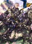  1boy armor armored_boots boots clouds fire_emblem fire_emblem_cipher fire_emblem_fates gloves gunter_(fire_emblem) leaf polearm purple_hair scar shield sky solo spear taneda_kazuhiro tree violet_eyes weapon 