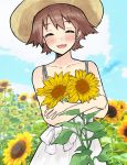  1girl absurdres alternate_costume blue_sky brown_hair closed_eyes clouds commentary_request cowboy_shot day dokuganryuu dress facing_viewer flipped_hair hiei_(kantai_collection) highres kantai_collection outdoors short_hair sky sleeveless sleeveless_dress smile solo sundress white_dress 