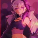  1girl bare_shoulders commentary crop_top earrings english_commentary flower_(vocaloid) fur-trimmed_jacket fur_trim gynoid_talk half-closed_eyes jacket jewelry kolorae1 light_smile looking_at_viewer medium_hair midriff multicolored_hair navel parted_lips purple_hair purple_jacket purple_shirt purple_theme shirt solo streaked_hair upper_body v_flower_(gynoid_talk) v_flower_(vocaloid4) violet_eyes vocaloid white_hair 
