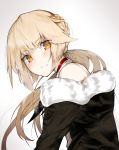  1girl back bangs bare_shoulders blonde_hair blush braid choker ekuesu eyebrows_visible_through_hair girls_frontline jacket ots-14_(girls_frontline) ponytail smile solo yellow_eyes 