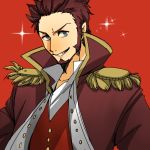  1boy beard blue_eyes brown_hair commentary_request epaulettes facial_hair fate/grand_order fate_(series) long_sleeves looking_at_viewer male_focus military military_uniform muscle napoleon_bonaparte_(fate/grand_order) simple_background smile smirk solo sparkle_background uniform 
