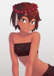  1girl abs ajna_(indivisible) beads breasts brown_eyes brown_hair closed_mouth collarbone dark_skin highres indivisible looking_at_viewer putchers ribs short_hair simple_background small_breasts solo strapless tubetop 