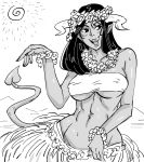1girl :d abs bare_shoulders bb_(baalbuddy) beltbra breasts covered_nipples dark_skin demon_girl demon_tail expressive_tail fang flower flower_necklace grass_skirt greyscale hawaii head_wreath highres horns hula jewelry large_breasts midriff monochrome navel necklace open_mouth original skirt smile solo standing sun tail toned white_background wristband