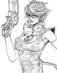  1girl alternate_hairstyle bayonetta bayonetta_(character) bb_(baalbuddy) breasts china_dress chinese_clothes closed_mouth covered_nipples dress earrings elbow_gloves fingerless_gloves flower gloves greyscale gun hair_flower hair_ornament highres holding holding_gun holding_weapon jewelry large_breasts looking_at_viewer monochrome short_hair simple_background smile solo trigger_discipline weapon white_background 