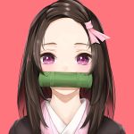  1girl bit_gag black_hair commentary_request face forehead gag hair_ribbon japanese_clothes kamado_nezuko kimetsu_no_yaiba long_hair looking_at_viewer pink_background pink_eyes ribbon simple_background solo toffee_paint 