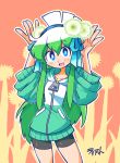  1girl :d bike_shorts blue_eyes blue_ribbon blush bright_pupils commentary contrapposto english_commentary eyebrows_visible_through_hair flower flower_request green_hair hair_flower hair_ornament hair_ribbon hands_up highres hood hood_down hoodie konegi_(rariatto) long_hair looking_at_viewer multicolored_hair open_mouth original rariatto_(ganguri) ribbon signature smile solo spring_onion standing two-tone_hair very_long_hair wide_sleeves zipper 