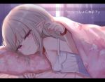 1girl babydoll bangs bare_shoulders blanket blonde_hair blush breasts collar eyebrows_visible_through_hair heart heart-shaped_pupils highres kio_(yumekuikio) long_hair lying makaino_ririmu nijisanji on_bed on_stomach pillow ponytail small_breasts smile solo symbol-shaped_pupils translated virtual_youtuber