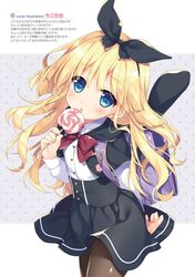  1girl arm_behind_back backpack bag black_capelet black_legwear black_skirt blonde_hair blue_eyes buttons candy capelet chikotam child eating food head_tilt heart highres lollipop long_hair open_mouth original pantyhose randoseru ribbon school_uniform shirt skirt solo white_shirt 