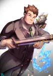  1boy absurdres animal_on_shoulder artist_name book brown_hair character_request dated formal green_neckwear grey_eyes highres horns huge_filesize itohiro03 male_focus necktie sheath sheathed smile spiky_hair standing suit thick_eyebrows tokyo_houkago_summoners wand weapon white_background 