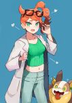  1girl absurdres blush breasts eyewear_on_head green_eyes hair_ornament heart heart-shaped_pupils heart_hair_ornament highres katsu_(katsupainter) long_hair long_sleeves looking_at_viewer midriff nail_polish navel open_mouth orange_hair pokemon pokemon_(game) pokemon_swsh ribbed_sweater side_ponytail simple_background smile sonia_(pokemon) sunglasses sweater symbol-shaped_pupils 