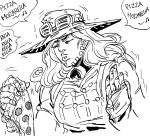  1boy bb_(baalbuddy) closed_eyes cowboy_hat food goggles goggles_on_headwear greyscale gyro_zeppeli hands_up hat highres italian_text jojo_no_kimyou_na_bouken male_focus monochrome parted_lips pizza simple_background solo steel_ball_run trembling white_background 