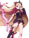  1girl asymmetrical_legwear asymmetrical_sleeves bangs between_breasts black_legwear black_leotard blonde_hair blush bow breasts cape closed_mouth detached_collar earrings ereshkigal_(fate/grand_order) fate/grand_order fate_(series) fur-trimmed_cape fur_trim gold_trim hair_bow highres hoop_earrings infinity jewelry leotard long_hair looking_at_viewer meslamtaea_(weapon) multicolored multicolored_cape multicolored_clothes necklace parted_bangs red_bow red_cape red_eyes single_sleeve single_thighhigh skull solo spine tanako_(645316096) thigh-highs thighs tiara two_side_up weapon white_background yellow_cape 
