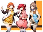  3girls :o ahoge blue_eyes bow bowtie brown_hair brown_shorts capelet clenched_teeth eyebrows_visible_through_hair green_eyes hair_bow hair_ornament hand_in_pocket hand_up highres jacket kurosawa_ruby long_sleeves looking_at_viewer love_live! love_live!_sunshine!! multiple_girls nakano_maru orange_hair pink_capelet pink_neckwear pink_skirt red_eyes redhead shorts skirt smile standing takami_chika teeth thigh-highs twintails watanabe_you white_legwear yellow_bow 