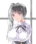  1girl :o alternate_hairstyle bang_dream! bangs black_hair black_ribbon black_skirt breasts buttons commentary_request eyebrows_visible_through_hair frilled_shirt_collar frills hair_ribbon highres hime_cut large_breasts long_hair long_sleeves looking_at_viewer neck_ribbon ribbon shirokane_rinko shirt side_ponytail sidelocks skirt solo totoshion upper_body violet_eyes white_background white_shirt window 