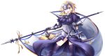  1girl armor armored_dress banner blonde_hair blue_eyes braid breasts building fate/apocrypha fate/grand_order fate_(series) faulds gauntlets headpiece highres holding jeanne_d&#039;arc_(fate) jeanne_d&#039;arc_(fate)_(all) large_breasts long_braid miyabi_urumi open_mouth sheath sheathed simple_background single_braid smile standard_bearer sword thigh-highs weapon white_background 